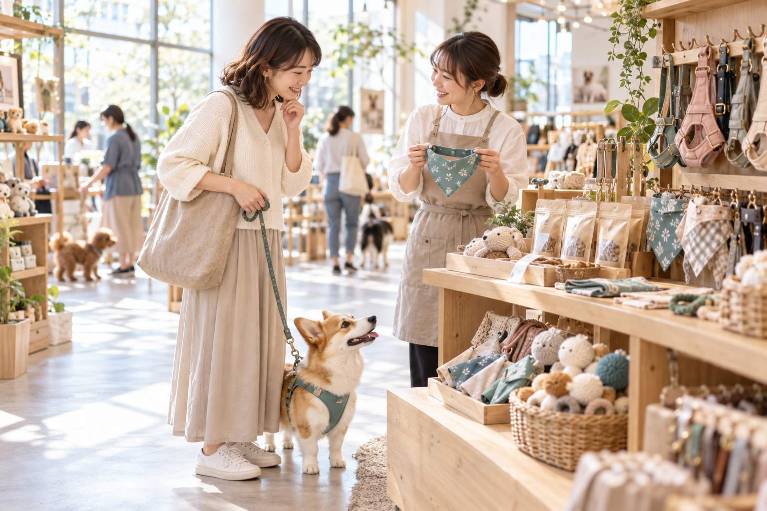 わんちゃんと一緒に屋内ショップを巡るイメージ