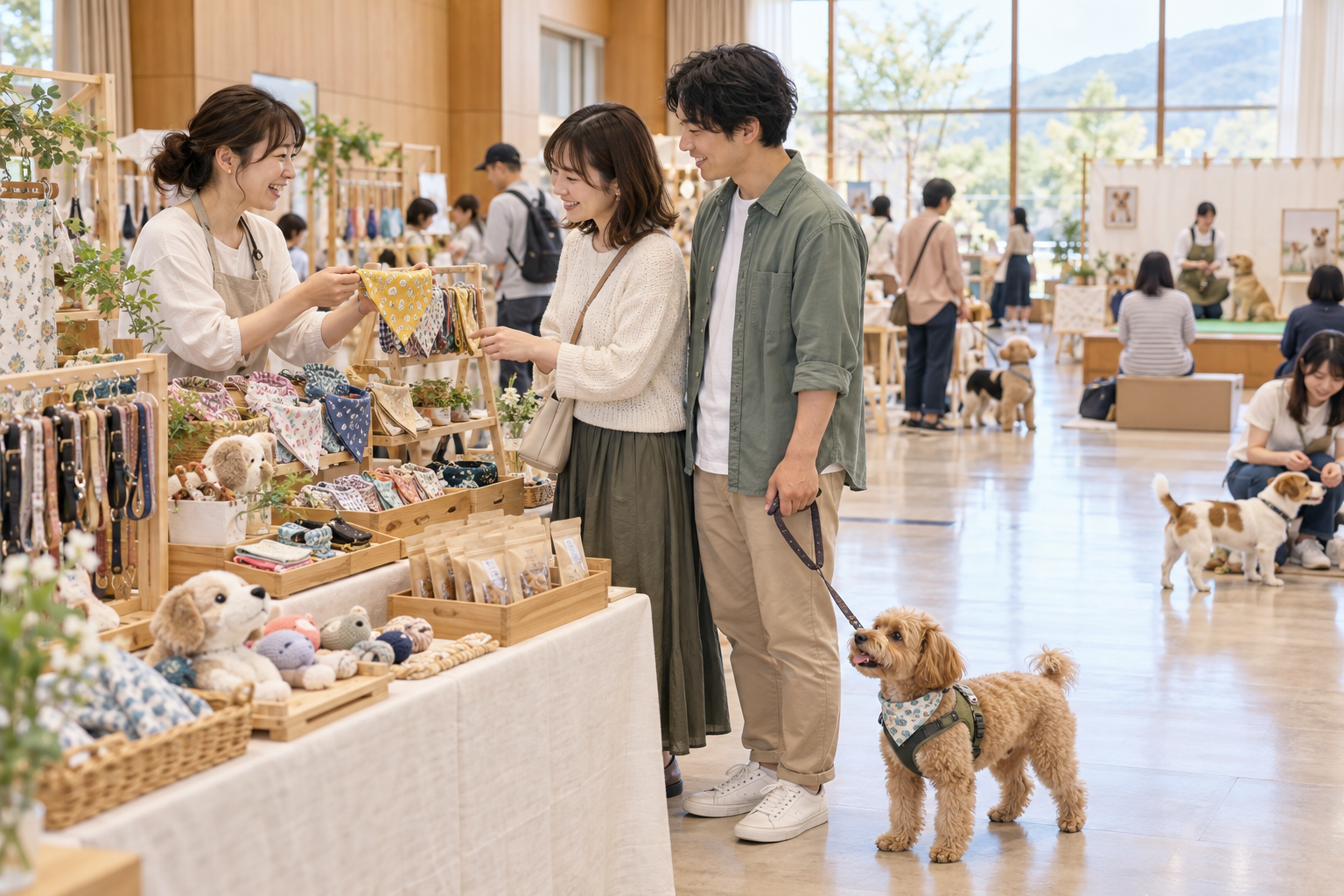 愛犬と屋内マルシェを楽しむ様子のイメージ